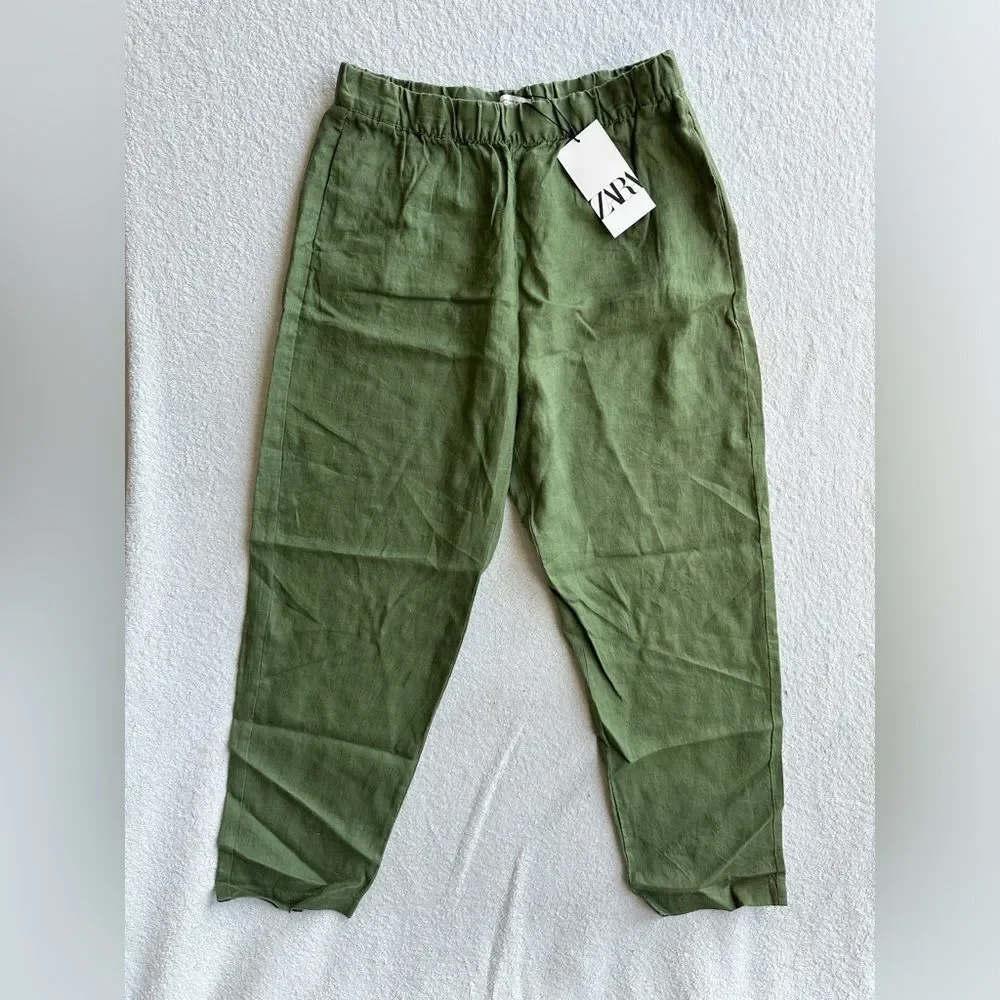 ZARA Women's Linen Olive Green Trousers Pants Size medium‎